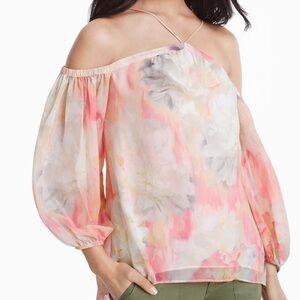 White House Black Market Water color Print Balloon Sleeves Off Shoulder Blouse​​